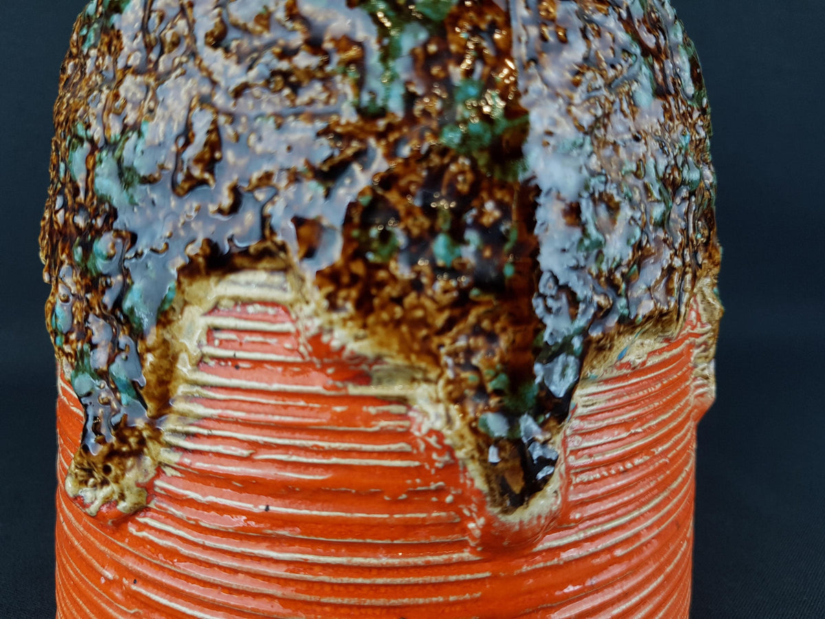 Vintage DÜMLER & BREIDEN Orange Vase With Brown and Green Fat Lava Decor 646/25 West German Pottery 1970s