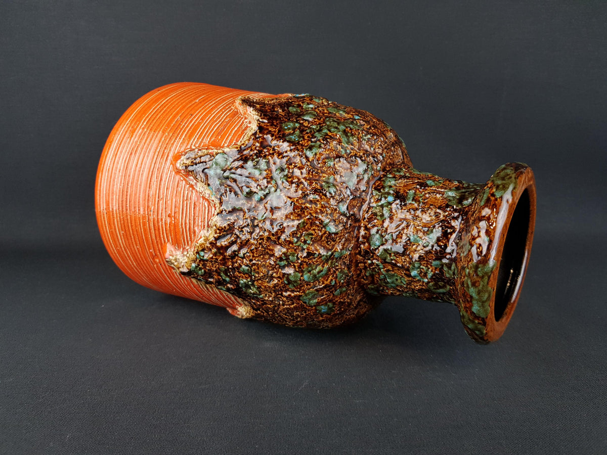 Vintage DÜMLER & BREIDEN Orange Vase With Brown and Green Fat Lava Decor 646/25 West German Pottery 1970s
