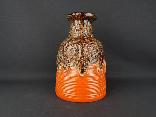 Vintage DÜMLER & BREIDEN Orange Vase With Brown and Green Fat Lava Decor 646/25 West German Pottery 1970s