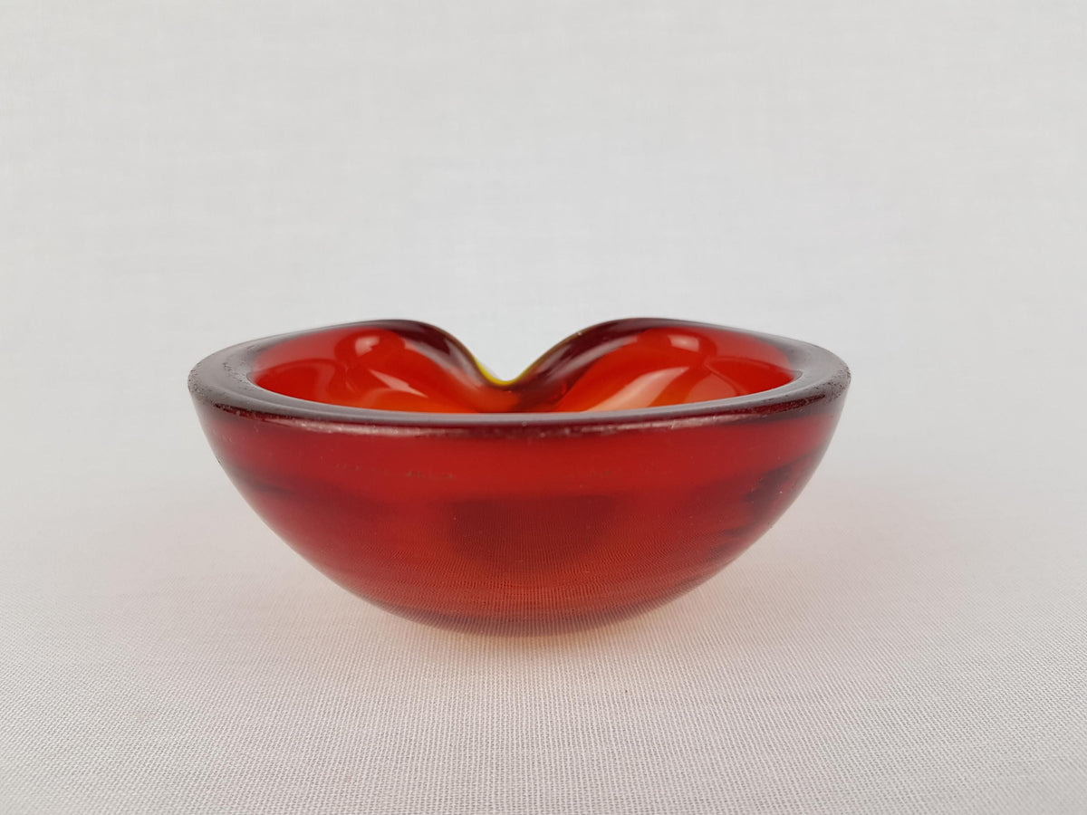 Vintage MURANO GLASS Reddish Orange Folded Glass Bowl Italian Art Glass MCM