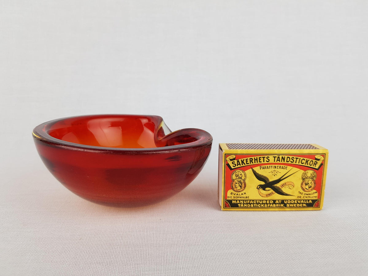 Vintage MURANO GLASS Reddish Orange Folded Glass Bowl Italian Art Glass MCM