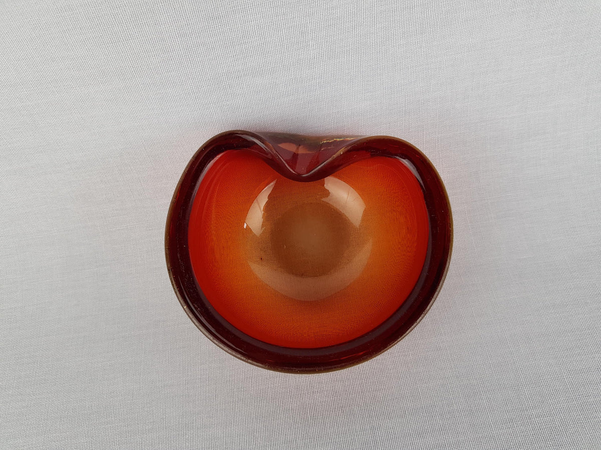 Vintage MURANO GLASS Reddish Orange Folded Glass Bowl Italian Art Glass MCM