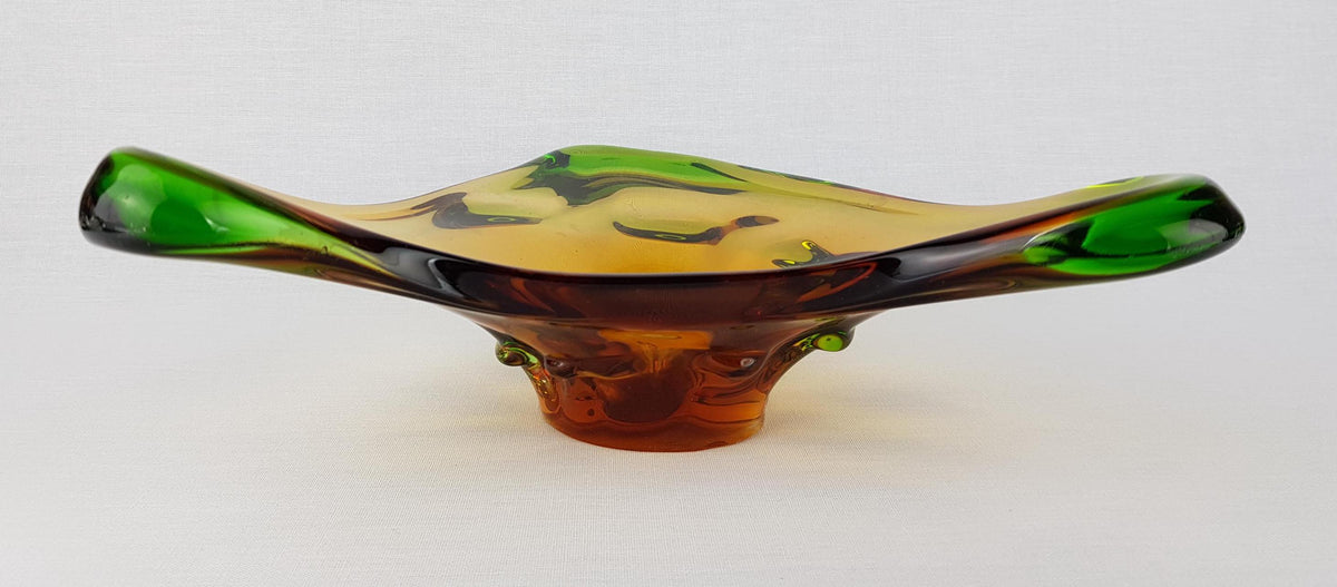 Vintage MSTISOV GLASSWORKS Amber and Emerald Glass Bowl of Niagara Collection by Frantisek Zemek Czechoslovakia 1960s