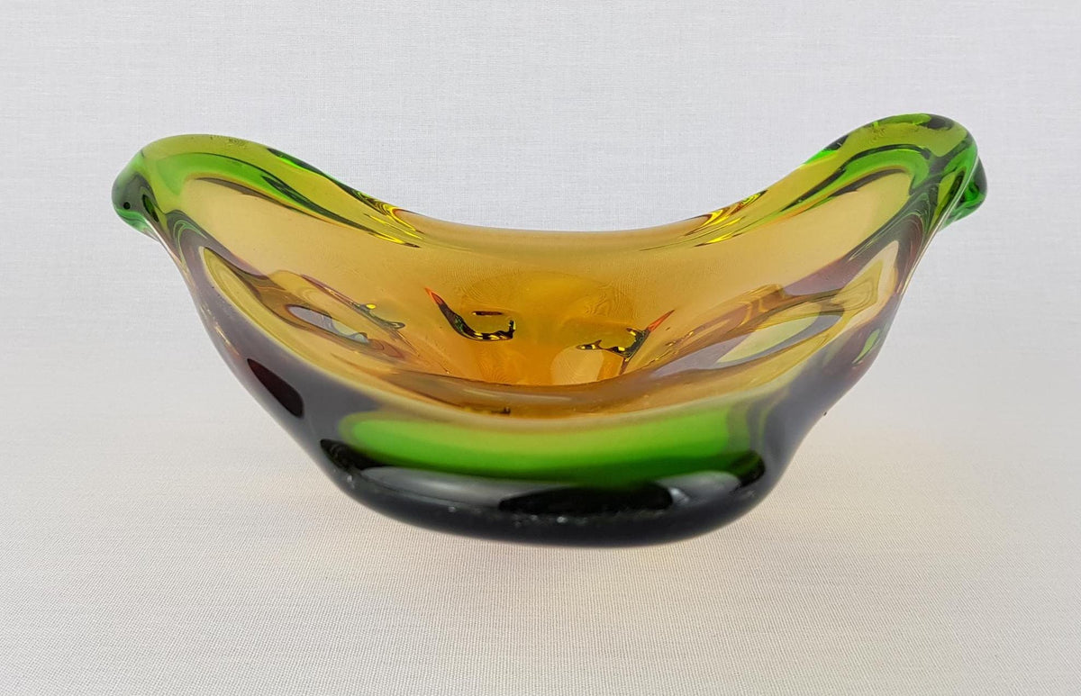 Vintage MSTISOV GLASSWORKS Amber and Emerald Glass Bowl of Niagara Collection by Frantisek Zemek Czechoslovakia 1960s