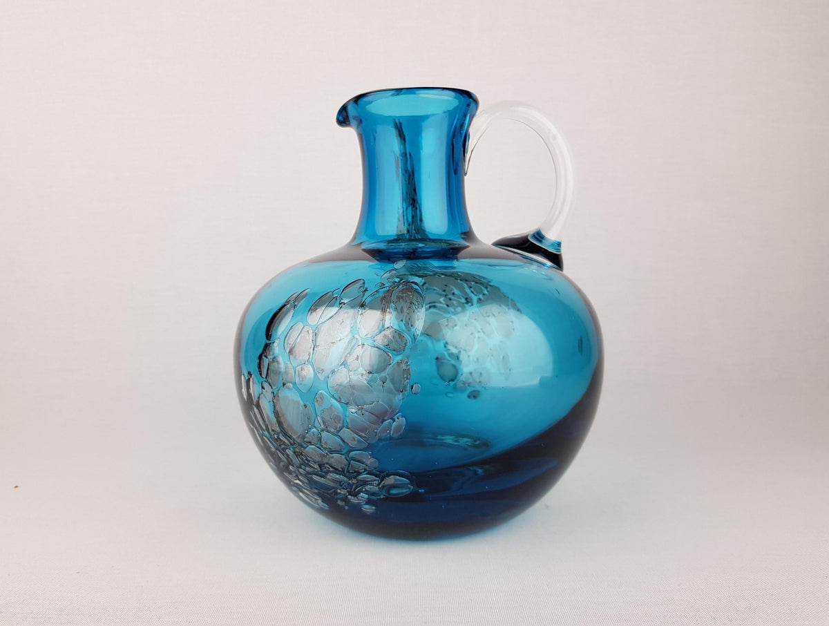 Vintage SCHOTT ZWIESEL Blue GLASS Design Handled Pitcher Vase With Florida decor by Heinrich Loffelhardt 1960-70s