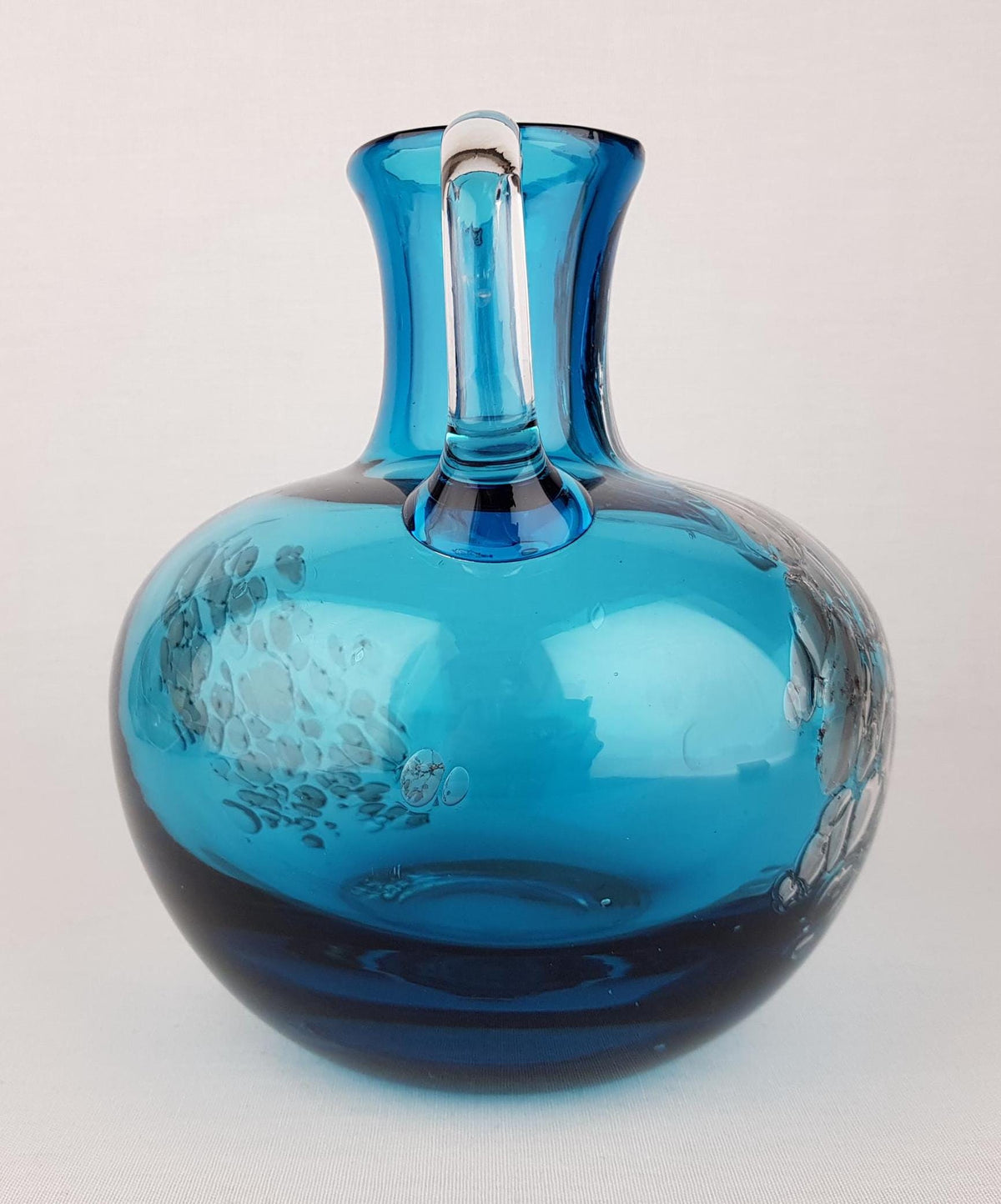 Vintage SCHOTT ZWIESEL Blue GLASS Design Handled Pitcher Vase With Florida decor by Heinrich Loffelhardt 1960-70s