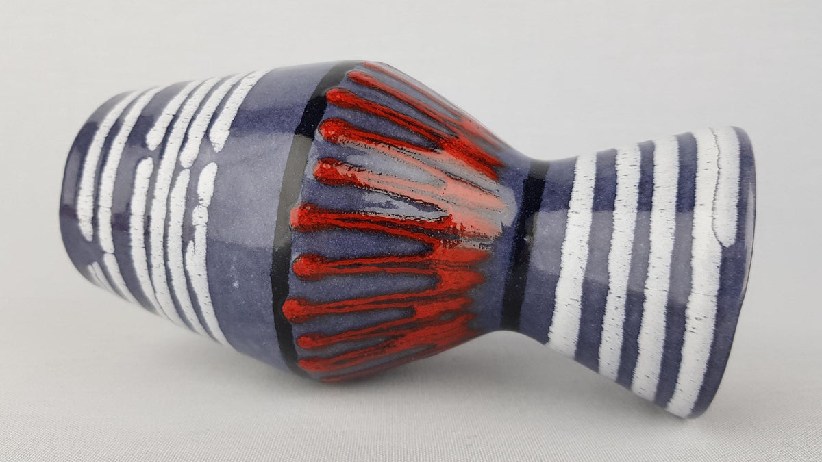 Vintage SCHEURICH KERAMIK Blue Vase With Red ZigZag and White Lines Decor 523 18 West German Pottery 1970s