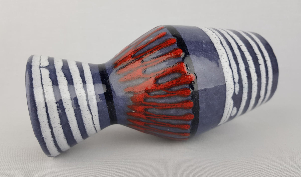 Vintage SCHEURICH KERAMIK Blue Vase With Red ZigZag and White Lines Decor 523 18 West German Pottery 1970s