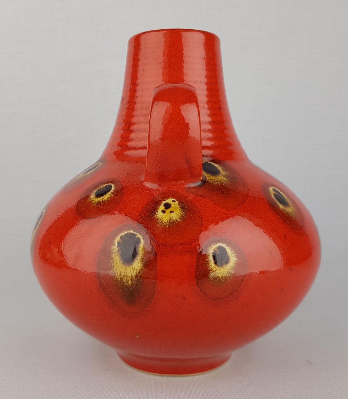 Vintage FOHR KERAMIK Red Glazed Handled Vase With Peacock Decor 411 20 West German Pottery 1970s