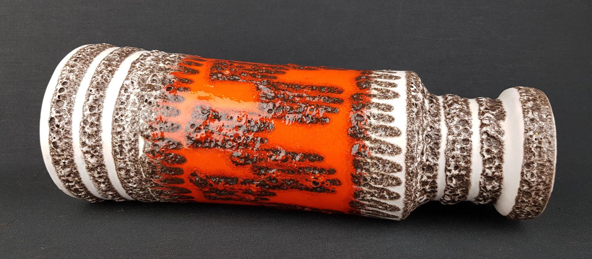 Vintage SCHEURICH KERAMIK Orange and Brown Fat lava Vase With Zig Zag Decor 205-32 West Geman Pottery 1970s