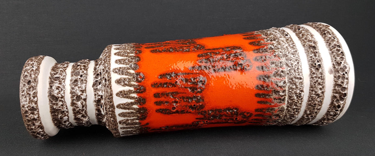 Vintage SCHEURICH KERAMIK Orange and Brown Fat lava Vase With Zig Zag Decor 205-32 West Geman Pottery 1970s