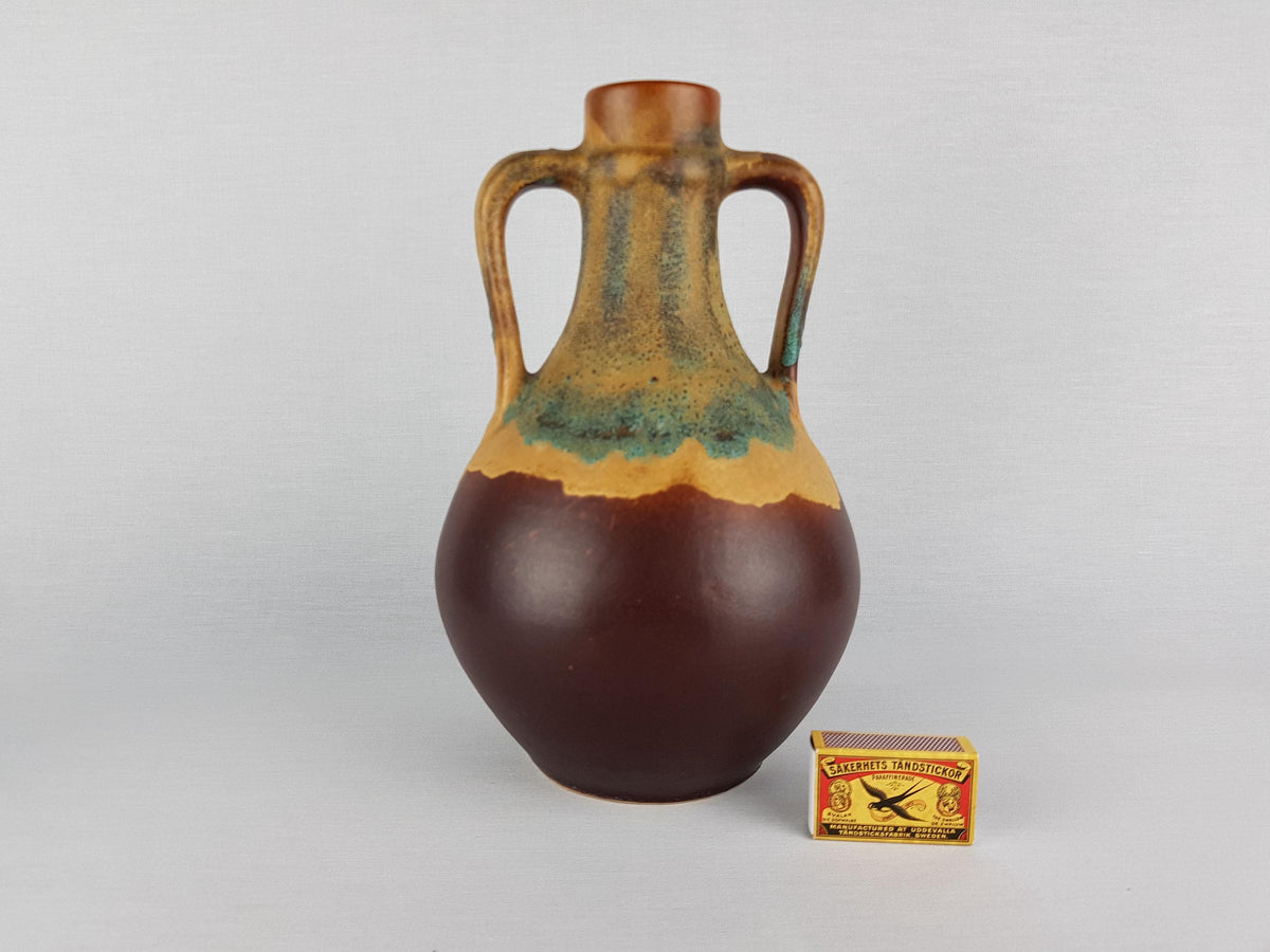 Vintage SILBERDISTEL FAYENCEN Double Handled Brown and Yellow Vase West German Pottery 1960-70's