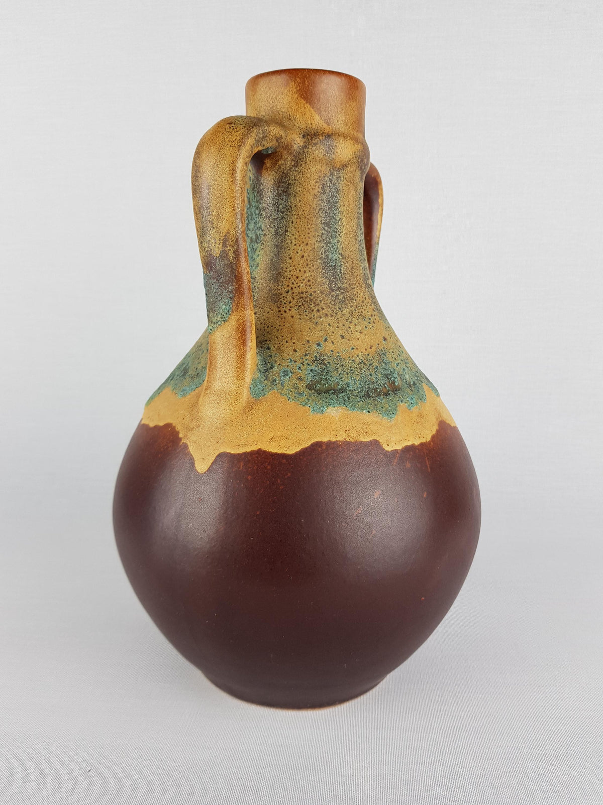 Vintage SILBERDISTEL FAYENCEN Double Handled Brown and Yellow Vase West German Pottery 1960-70's