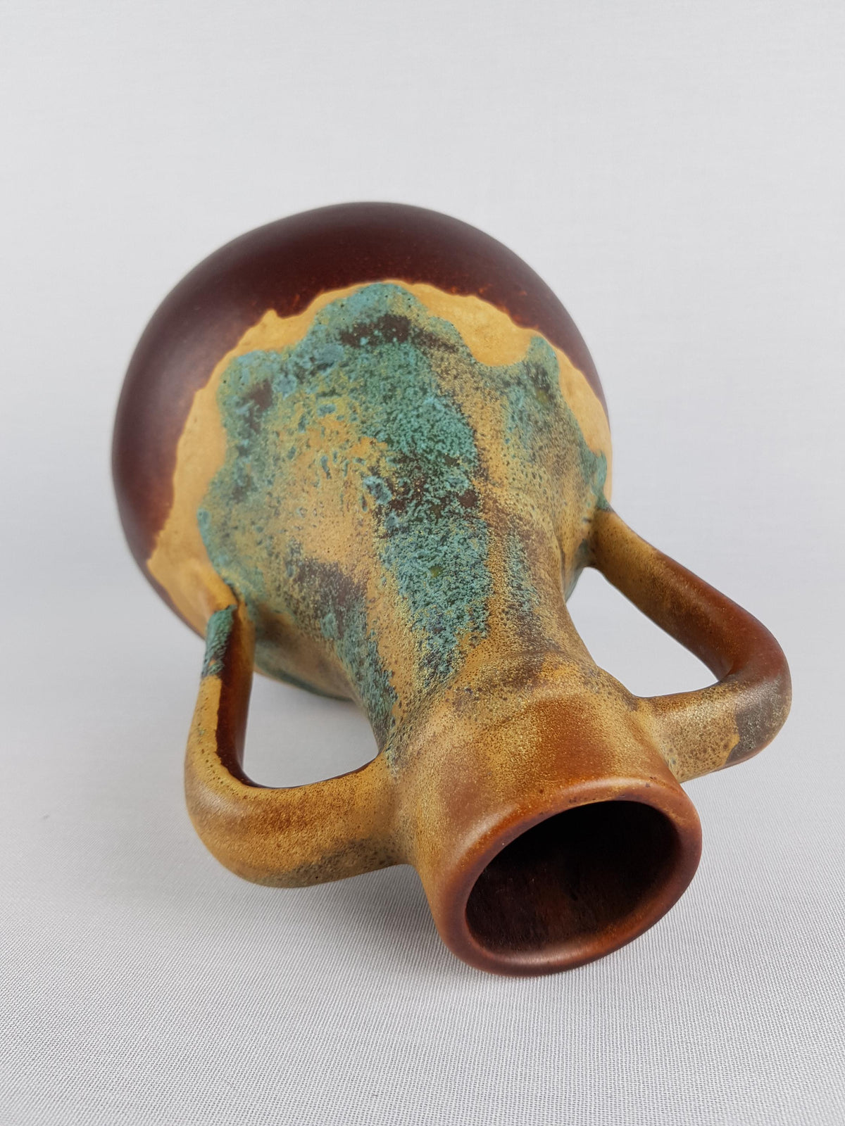 Vintage SILBERDISTEL FAYENCEN Double Handled Brown and Yellow Vase West German Pottery 1960-70's