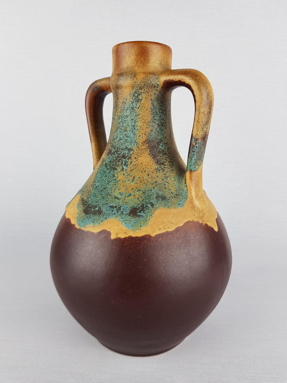 Vintage SILBERDISTEL FAYENCEN Double Handled Brown and Yellow Vase West German Pottery 1960-70's