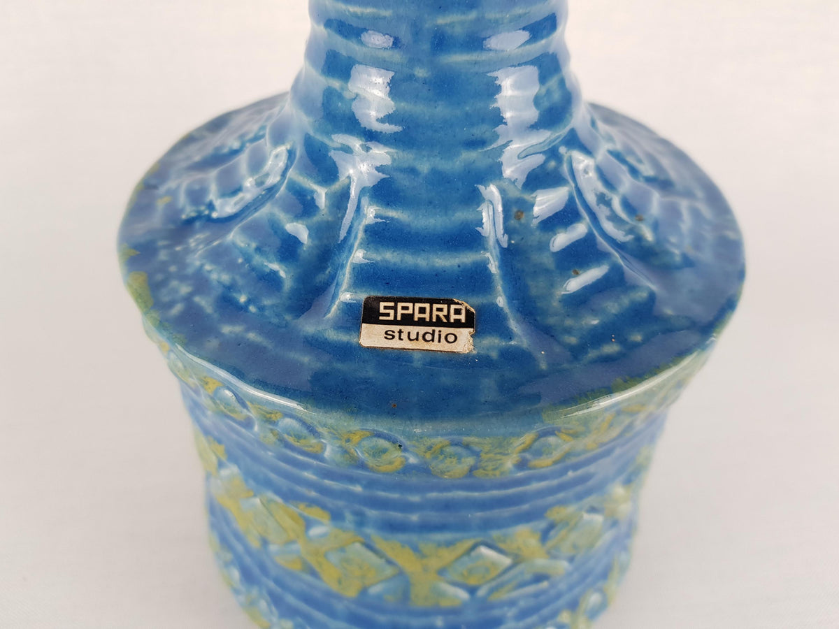 Vintage SPARA KERAMIK Blue and and Green Vase with Relief Decor 558/25 West German Pottery 1970s