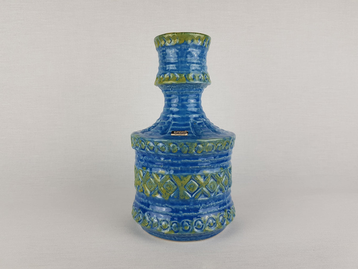 Vintage SPARA KERAMIK Blue and and Green Vase with Relief Decor 558/25 West German Pottery 1970s