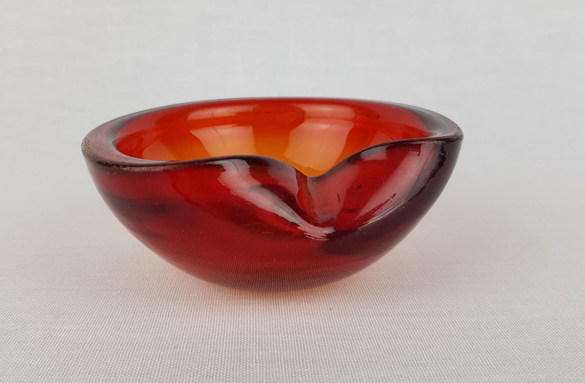 Vintage MURANO GLASS Reddish Orange Folded Glass Bowl Italian Art Glass MCM