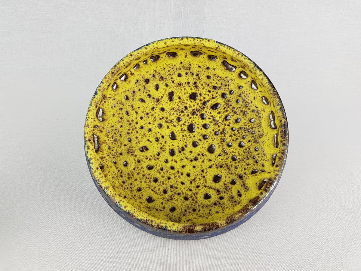 Vintage STEULER KERAMIK Blue Yellow Bowl With Golden Brown Spots Decor 4291/2 West German Pottery 1950s