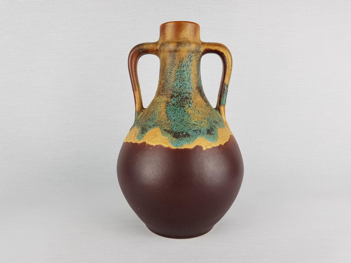 Vintage SILBERDISTEL FAYENCEN Double Handled Brown and Yellow Vase West German Pottery 1960-70's