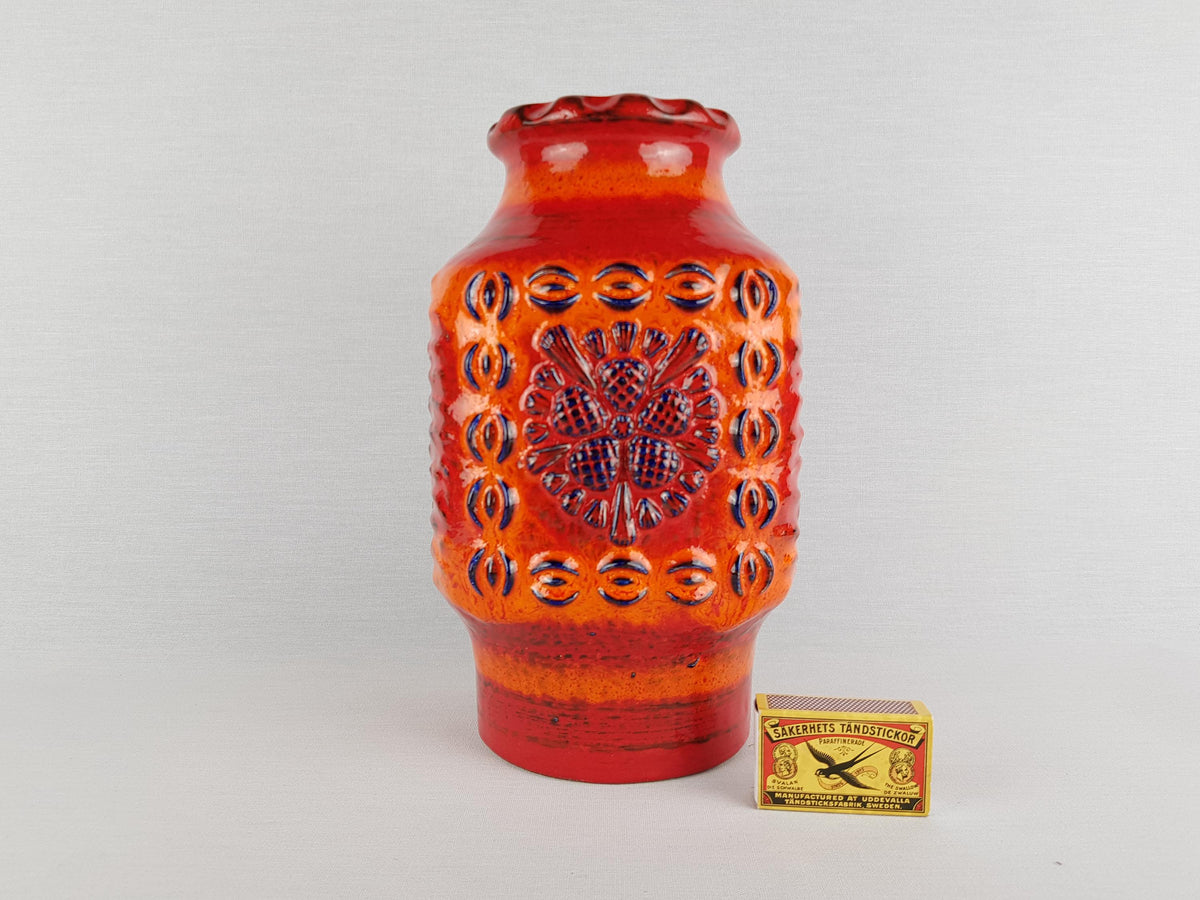 Vintage DÜMLER & BREIDEN Keramik Orange and Blue Fat Lava Vase Relief Serie 73/25, West German Pottery 1970s