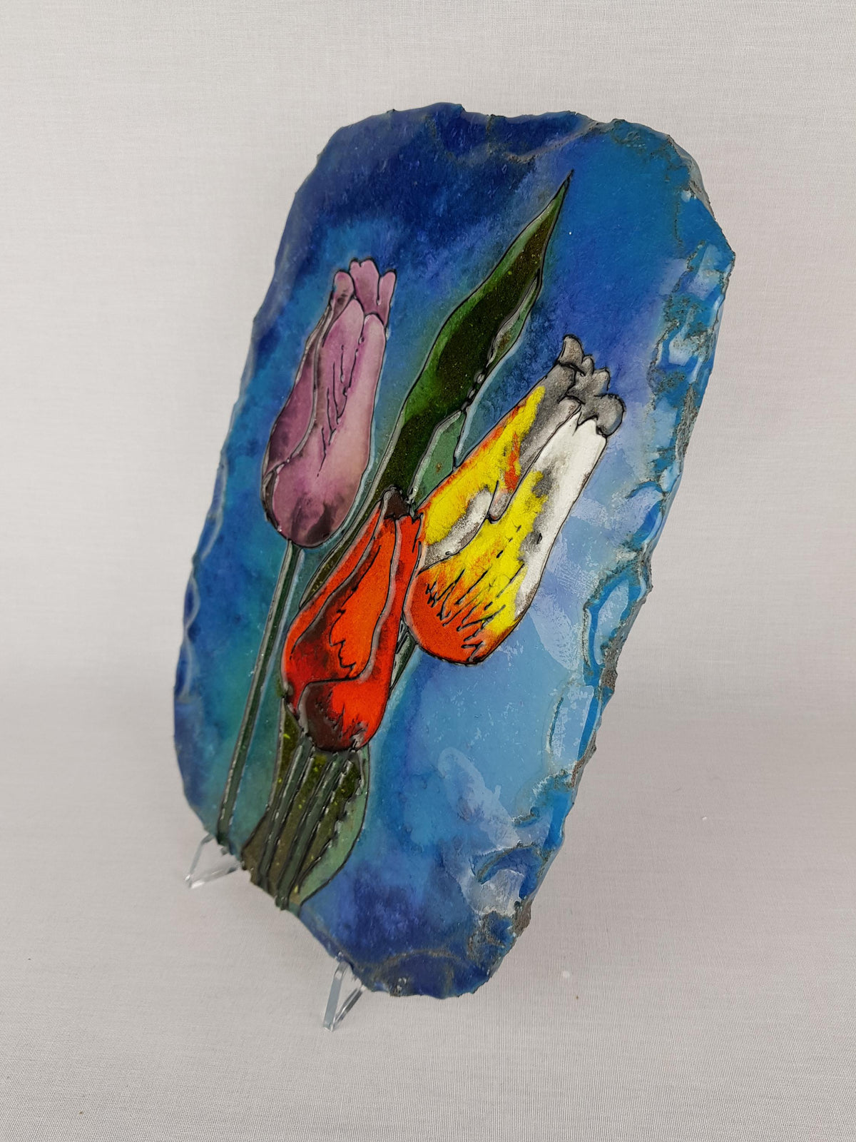 Vintage OSTARA VULCAN KERAMIK Blue Wall Plate with Colorful Tulips West German Pottery