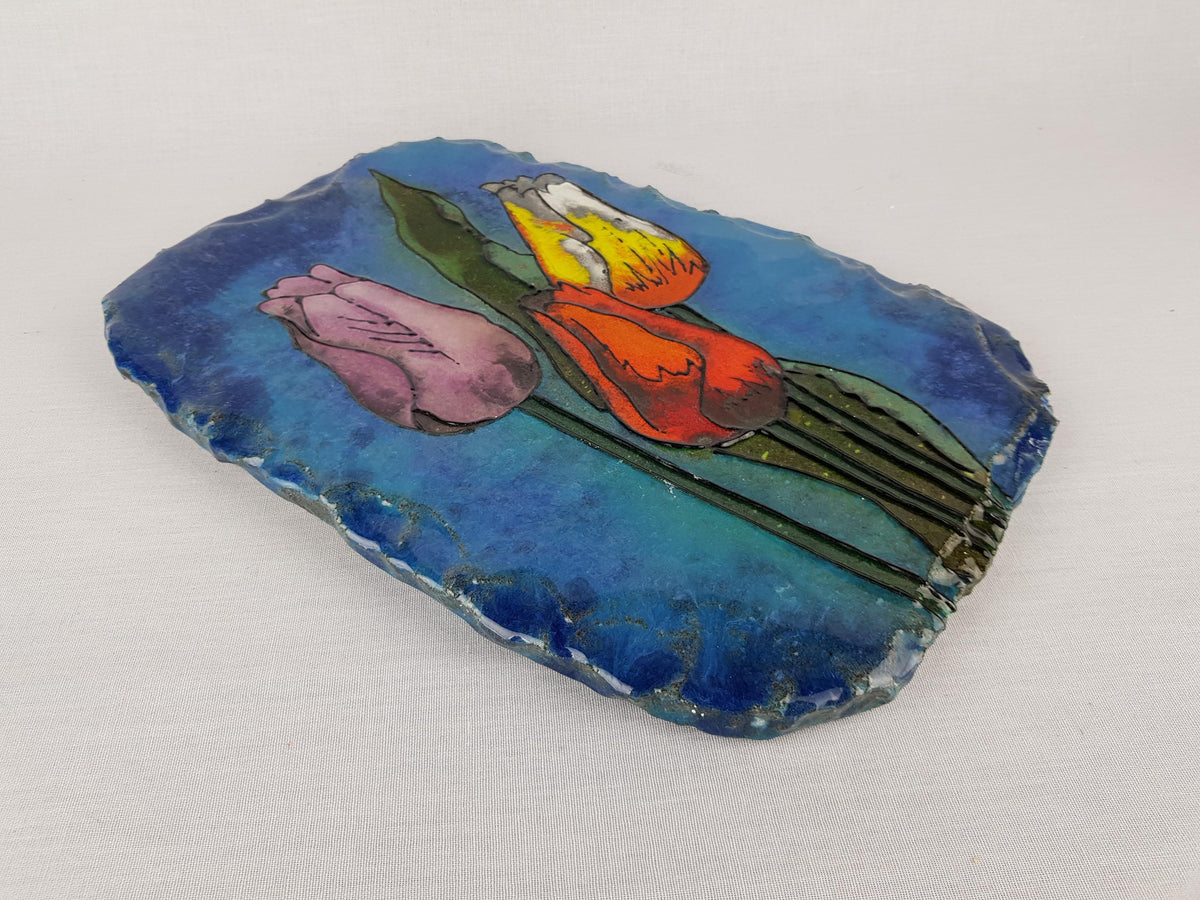 Vintage OSTARA VULCAN KERAMIK Blue Wall Plate with Colorful Tulips West German Pottery