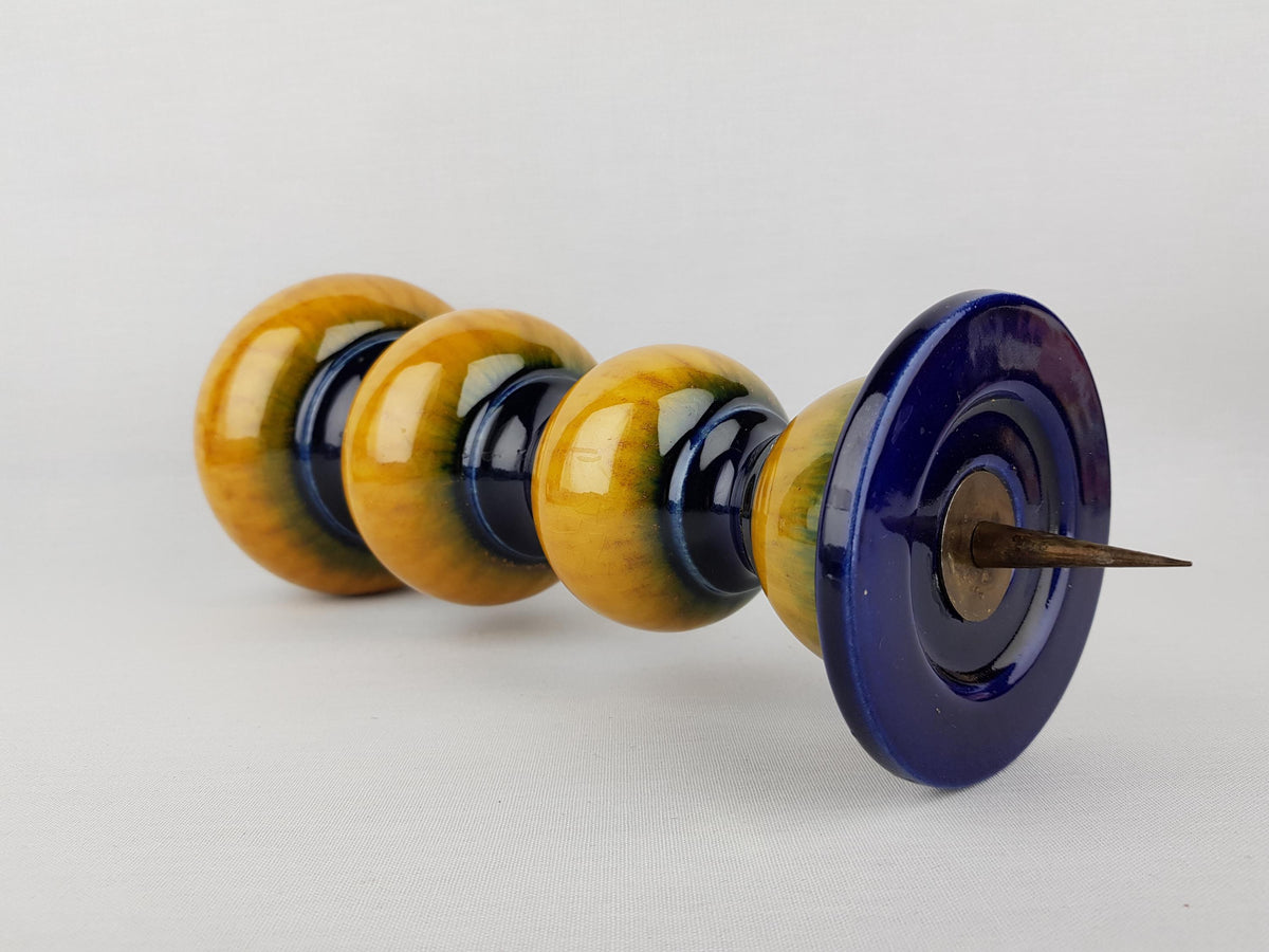 Vintage JASBA KERAMIK Yellow and Blue Hooped Candle Holder Lamp Foot West-Germany 1970s