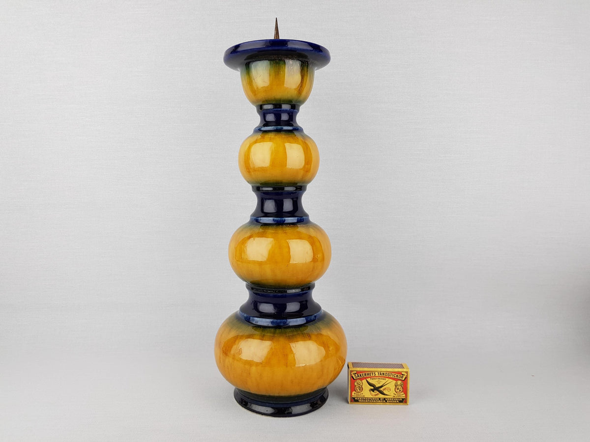Vintage JASBA KERAMIK Yellow and Blue Hooped Candle Holder Lamp Foot West-Germany 1970s