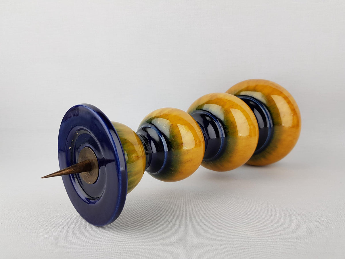 Vintage JASBA KERAMIK Yellow and Blue Hooped Candle Holder Lamp Foot West-Germany 1970s