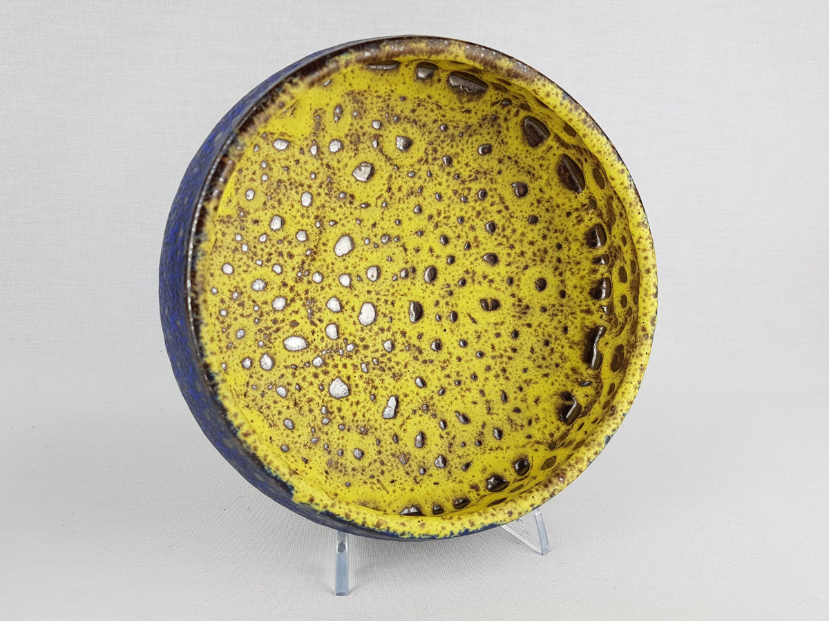 Vintage STEULER KERAMIK Blue Yellow Bowl With Golden Brown Spots Decor 4291/2 West German Pottery 1950s
