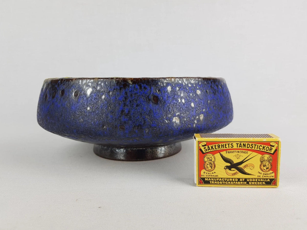 Vintage STEULER KERAMIK Blue Yellow Bowl With Golden Brown Spots Decor 4291/2 West German Pottery 1950s