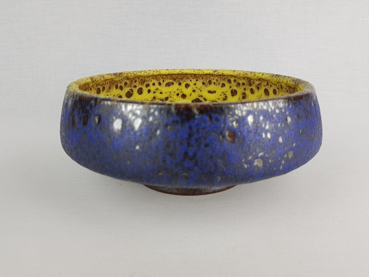 Vintage STEULER KERAMIK Blue Yellow Bowl With Golden Brown Spots Decor 4291/2 West German Pottery 1950s