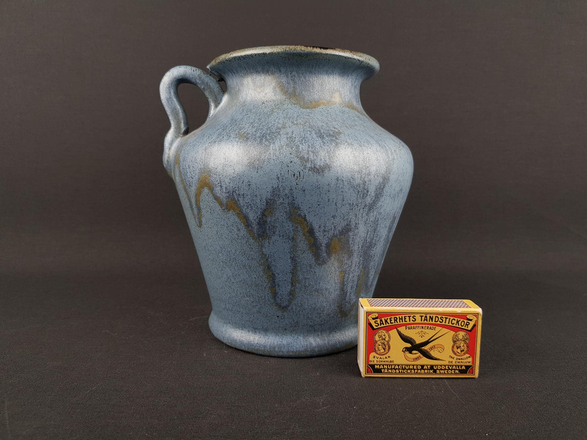 Vintage STUDIO ART POTTERY Handled Blue vase 180 2? German Pottery