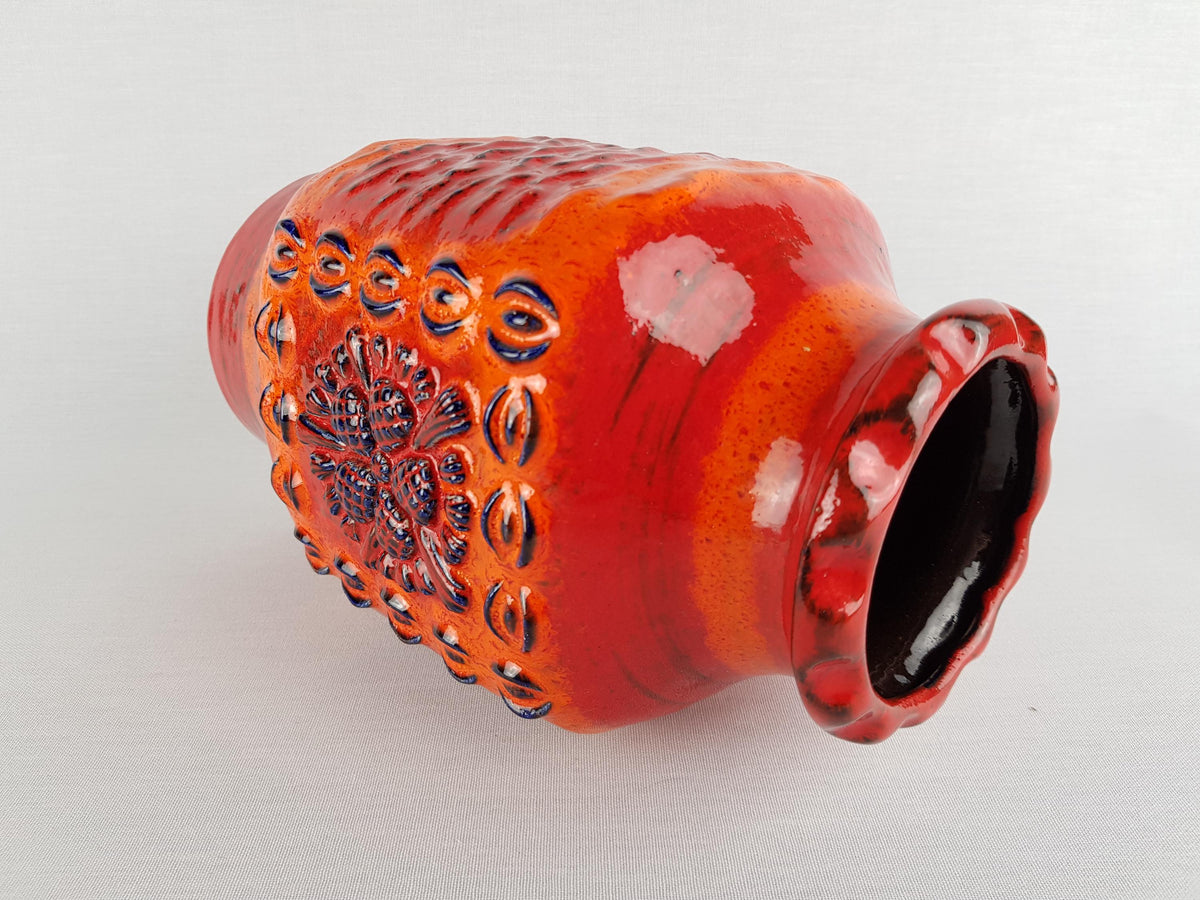Vintage DÜMLER & BREIDEN Keramik Orange and Blue Fat Lava Vase Relief Serie 73/25, West German Pottery 1970s