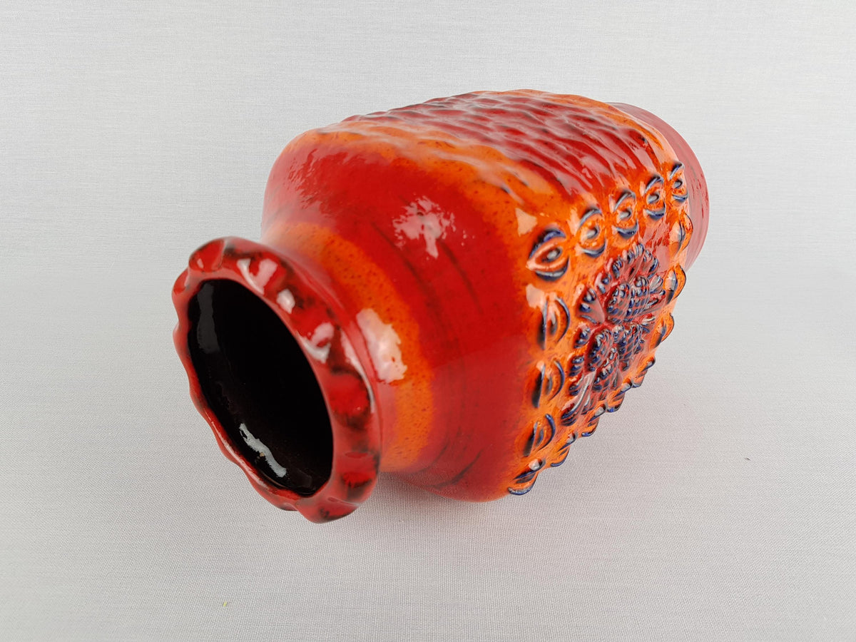 Vintage DÜMLER & BREIDEN Keramik Orange and Blue Fat Lava Vase Relief Serie 73/25, West German Pottery 1970s