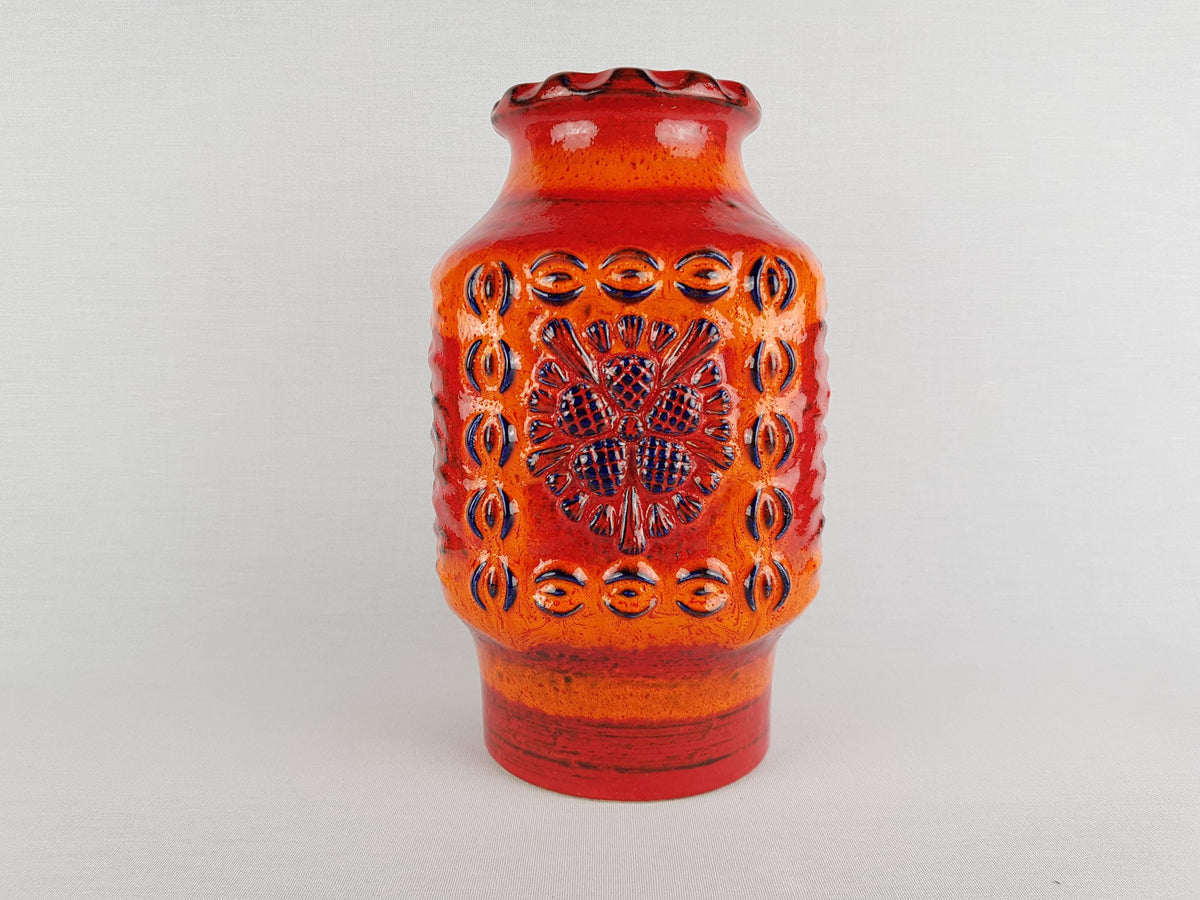 Vintage DÜMLER & BREIDEN Keramik Orange and Blue Fat Lava Vase Relief Serie 73/25, West German Pottery 1970s