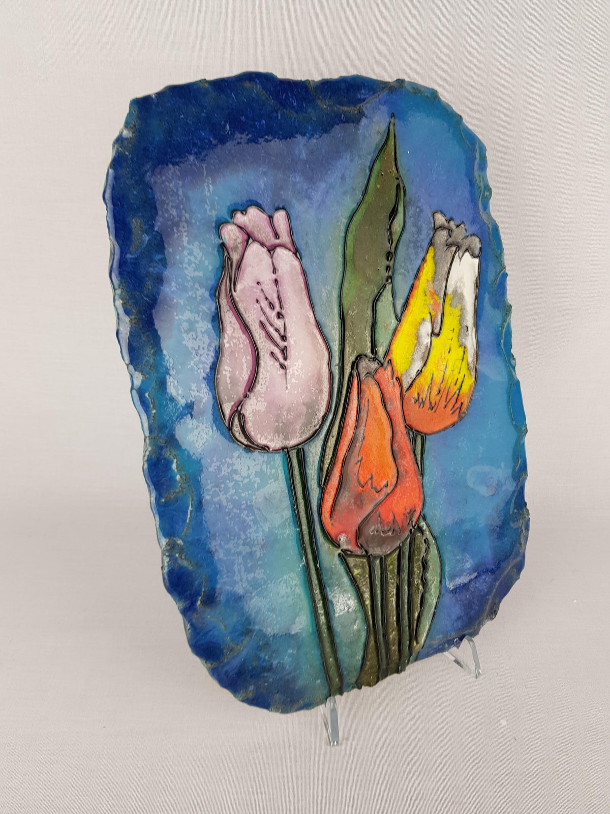 Vintage OSTARA VULCAN KERAMIK Blue Wall Plate with Colorful Tulips West German Pottery