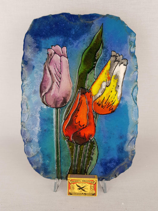 Vintage OSTARA VULCAN KERAMIK Blue Wall Plate with Colorful Tulips West German Pottery