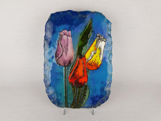 Vintage OSTARA VULCAN KERAMIK Blue Wall Plate with Colorful Tulips West German Pottery