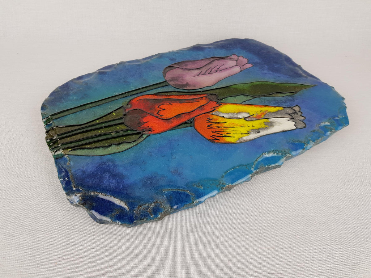 Vintage OSTARA VULCAN KERAMIK Blue Wall Plate with Colorful Tulips West German Pottery