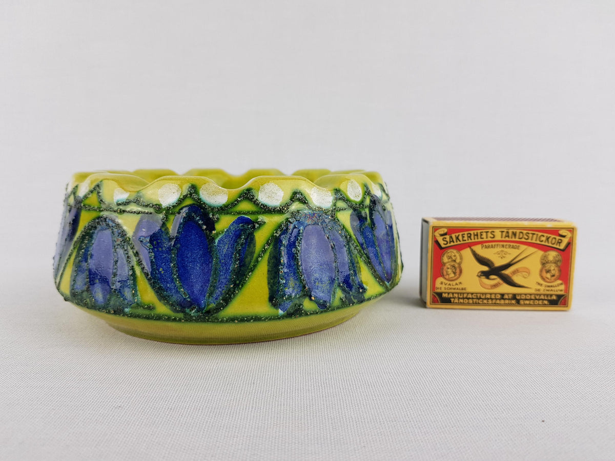 Vintage VEB STREHLA Lime Green and Blue Bowl / Ashtray with Flowers East German Pottery 1960s