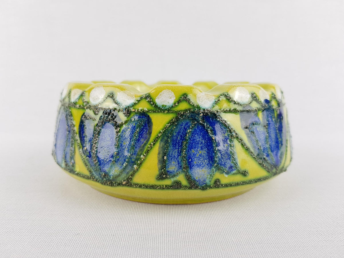 Vintage VEB STREHLA Lime Green and Blue Bowl / Ashtray with Flowers East German Pottery 1960s
