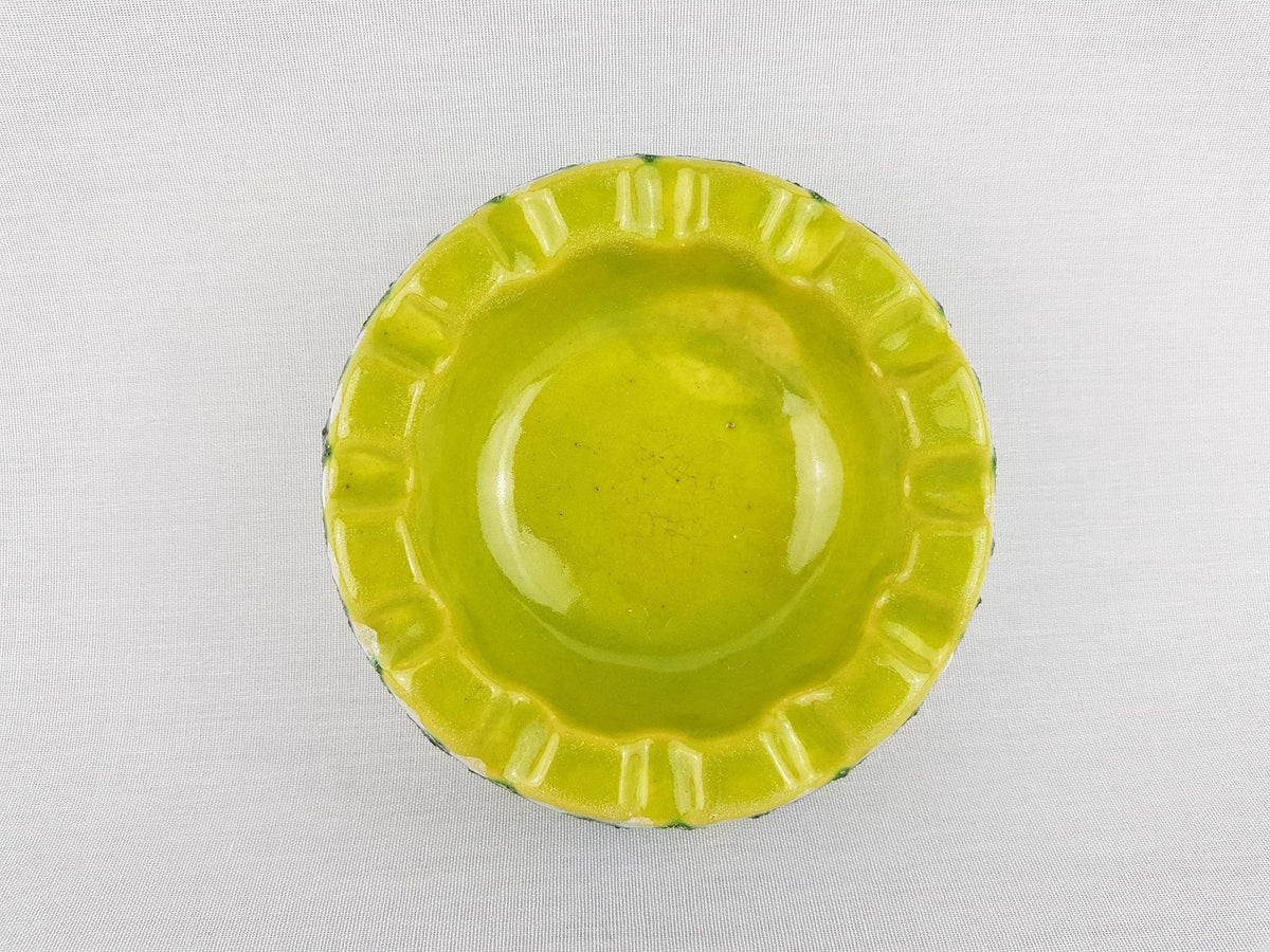 Vintage VEB STREHLA Lime Green and Blue Bowl / Ashtray with Flowers East German Pottery 1960s