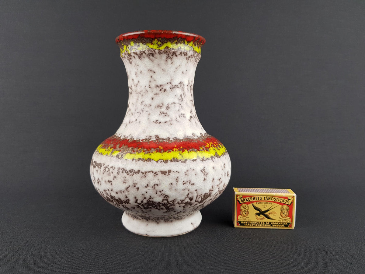 Vintage UBELACKER (Ü-KERAMIK) Yellow, Red and Beige Fat Lava Vase 528 18 West German Pottery 1970s