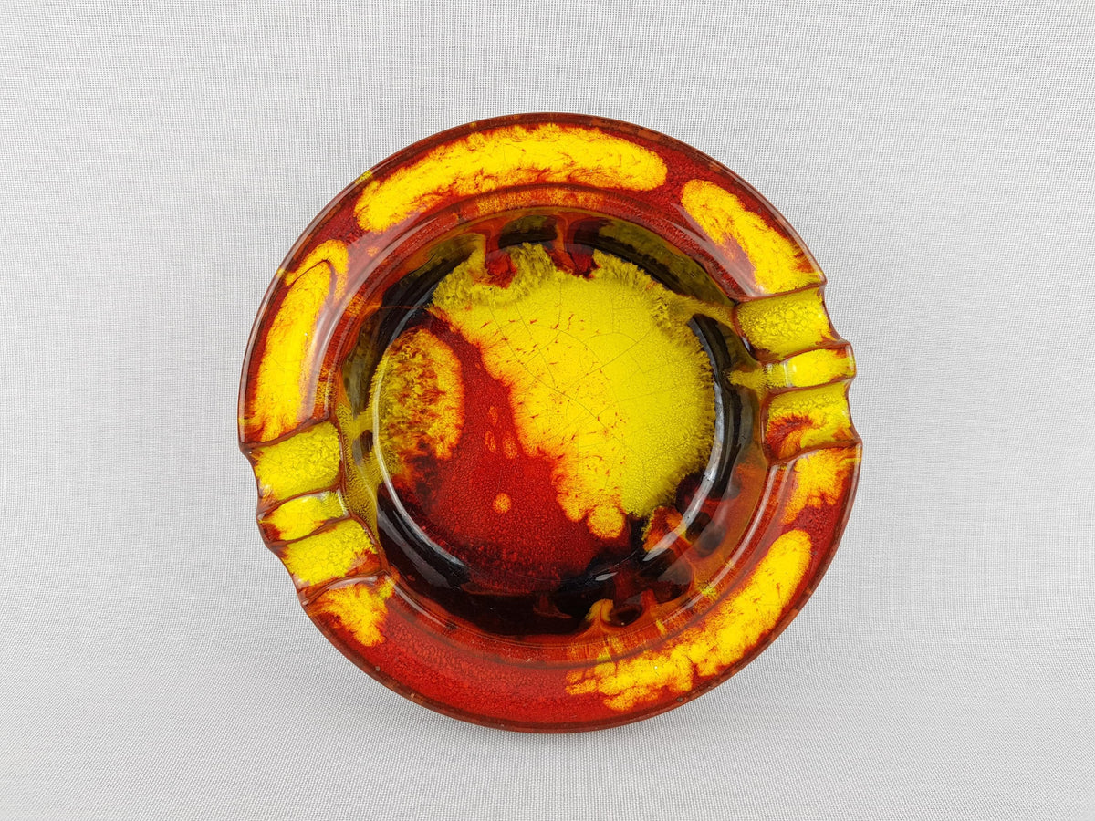 Vintage MID CENTURY MODERN Red, Yellow and Dark Brown Fat Lava Ashtray / Bowl West German Pottery 1960-70s