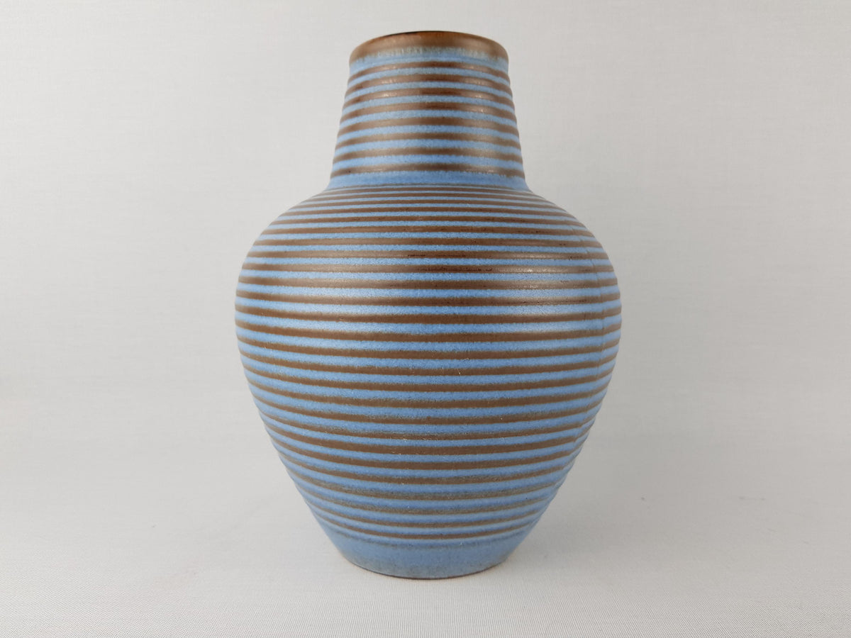Vintage MARZI und REMY Stylish Blue Vase with Brown Ribbed Decor West German Pottery 1950-60's