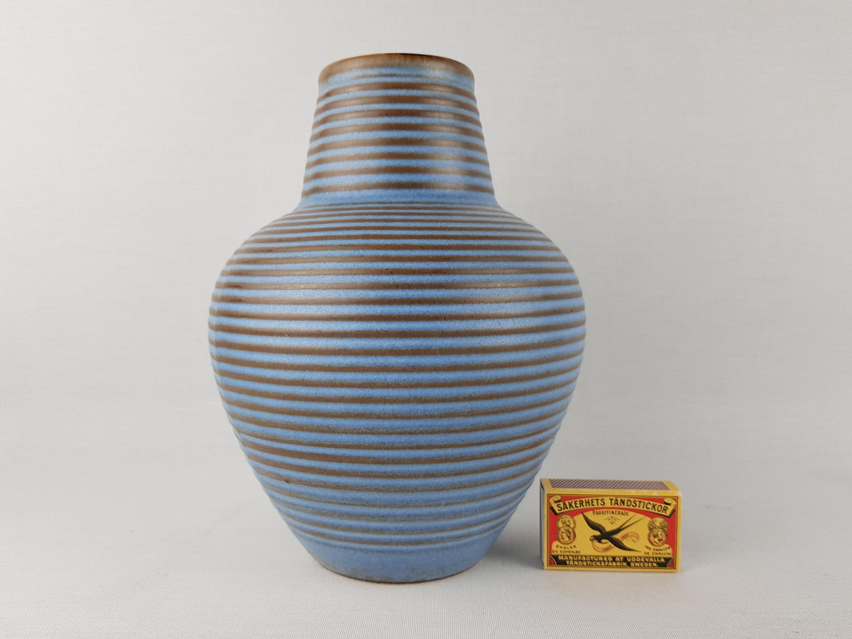 Vintage MARZI und REMY Stylish Blue Vase with Brown Ribbed Decor West German Pottery 1950-60's