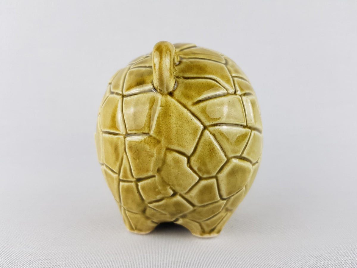 Vintage TILSO JAPAN Olive Green Figurine Piggy Bank Saving Money Box with Geometric Pattern Japanese Pottery
