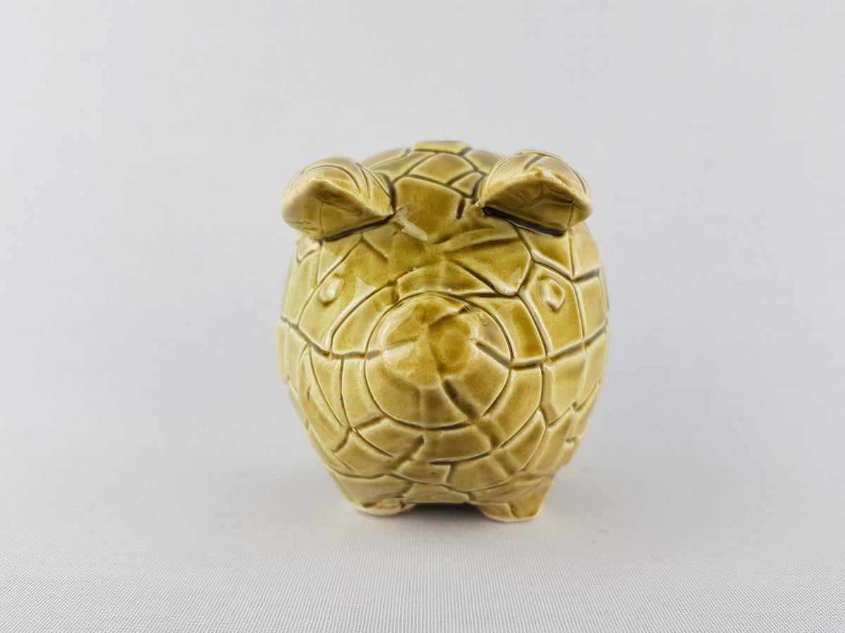 Vintage TILSO JAPAN Olive Green Figurine Piggy Bank Saving Money Box with Geometric Pattern Japanese Pottery